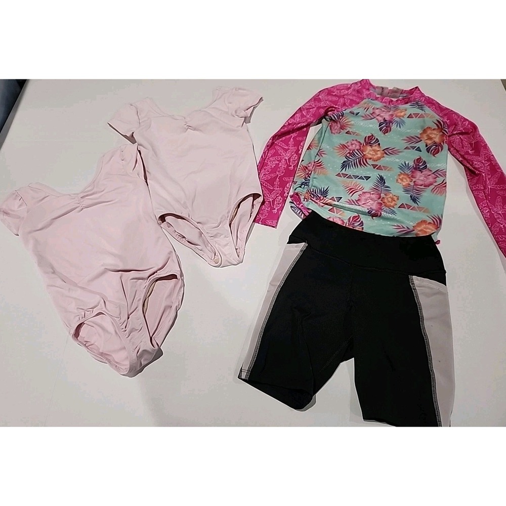 Lot of 4 Girls 6X Ballet Gymnastic Leotard Shirt Shorts Pink Floral Black